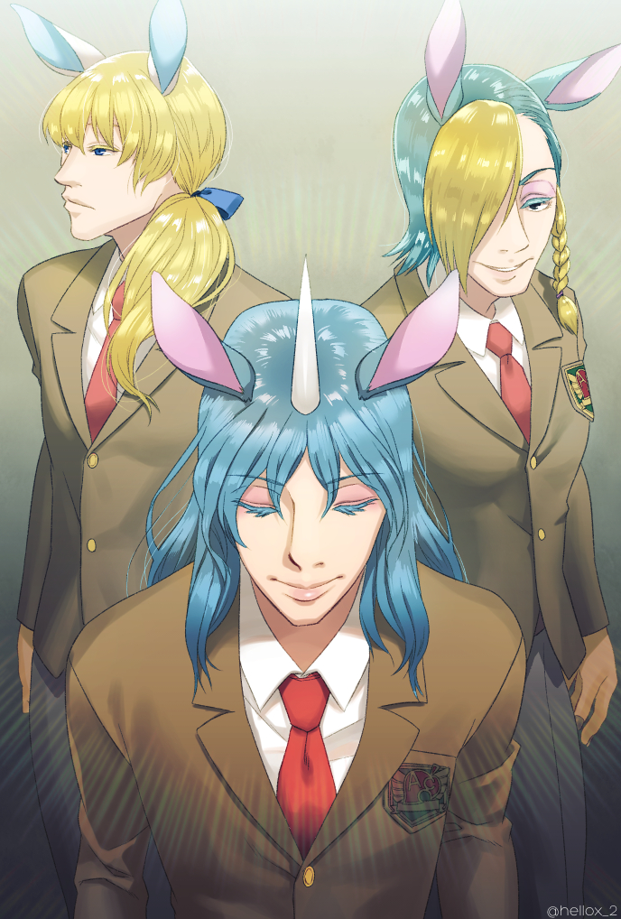3boys, animal_ears, ansoni_(doubutsu_no_mori), artist_name, blonde_hair, blue_eyes, blue_hair, braid