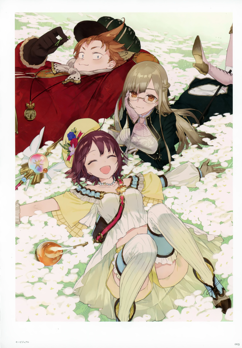 1boy, 2girls, absurdres, atelier_(series), atelier_sophie, bare_shoulders, blonde_hair, blush