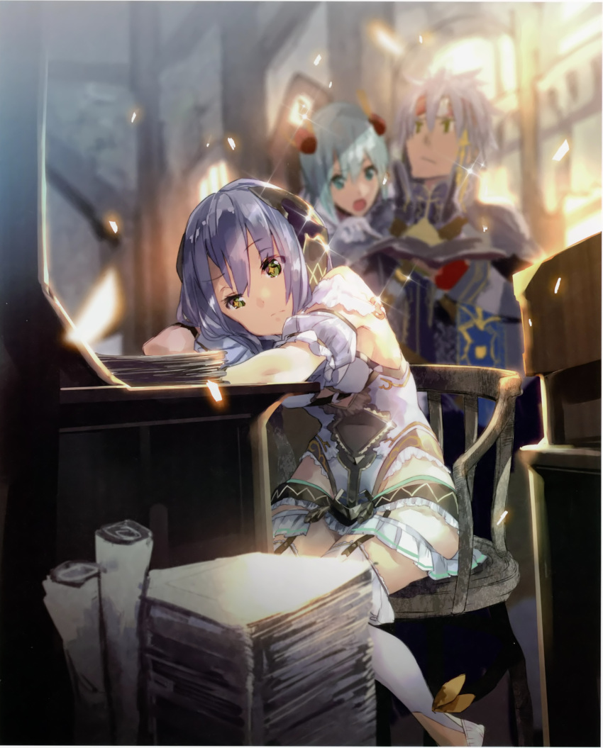 +_+, 1boy, 2girls, absurdres, atelier_(series), atelier_sophie, bare_shoulders, blue_eyes