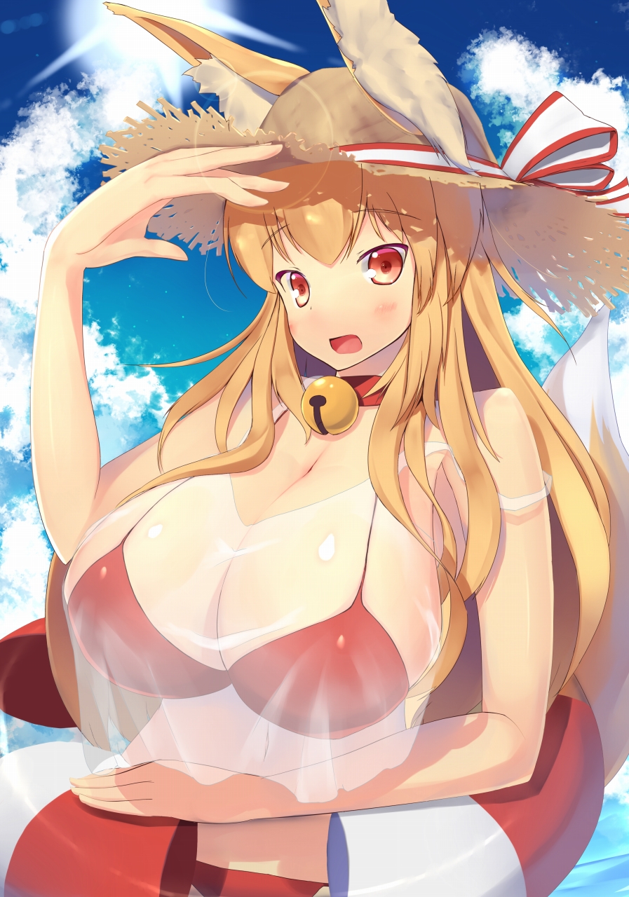 1girl, animal_ears, bell, bikini, blonde_hair, blush, breasts, choker, clouds, cloudy_sky, commentary_request, fox_ears, fox_tail, hat, hat_ribbon, highres, huge_breasts, innertube, jingle_bell, long_hair, open_mouth, original, red_bikini, red_eyes, ribbon, see-through, shinoshinosp, sky, solo, straw_hat, sun, swimsuit, tail