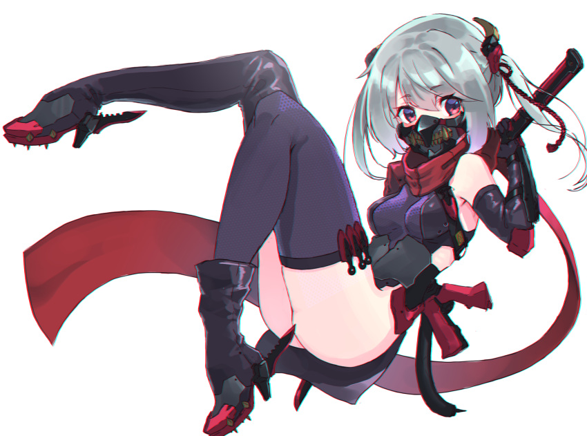 1girl, ass, asymmetrical_legwear, bangs, bare_shoulders, black_footwear, boots, breasts, chromatic_aberration, elbow_gloves, eyebrows_visible_through_hair, eyelashes, face_mask, full_body, gloves, hair_between_eyes, hair_ornament, hair_ribbon, high_heel_boots, high_heels, highres, kunai, long_hair, looking_at_viewer, mask, ninja, no_panties, oota_youjo, original, purple_legwear, red_ribbon, red_scarf, ribbon, scarf, sheath, sheathed, shoe_blade, side_slit, silver_hair, simple_background, single_boot, single_thighhigh, skin_tight, skindentation, small_breasts, solo, tassel, thigh-highs, thigh_boots, twintails, vambraces, weapon, weapon_on_back, white_background