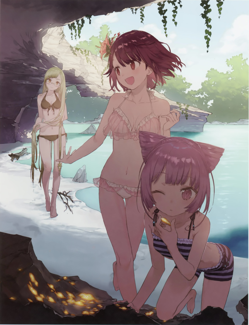 3girls, absurdres, atelier_(series), atelier_sophie, bare_shoulders, beach, bikini, bikini_skirt, blonde_hair, blush, breasts, brown_eyes, brown_hair, cornelia_(atelier), frilled_bikini, frills, front-tie_top, glasses, gold, highres, huge_filesize, long_hair, looking_at_viewer, monika_ellmenreich, multiple_girls, noco_(adamas), official_art, one_eye_closed, open_mouth, pink_bikini, pink_eyes, pink_hair, short_hair, side-tie_bikini, smile, sophie_neuenmuller, striped, swimsuit, tree, very_long_hair