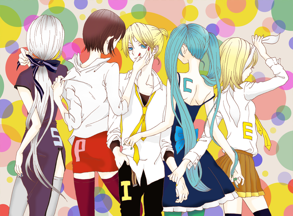 bad_id, blonde_hair, blue_eyes, brown_hair, dress, hair_ribbon, hatsune_miku, kagamine_len
