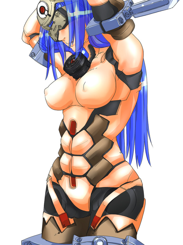 1girl, android, ass, blue_hair, breasts, commentary_request, cyborg, forehead_protector