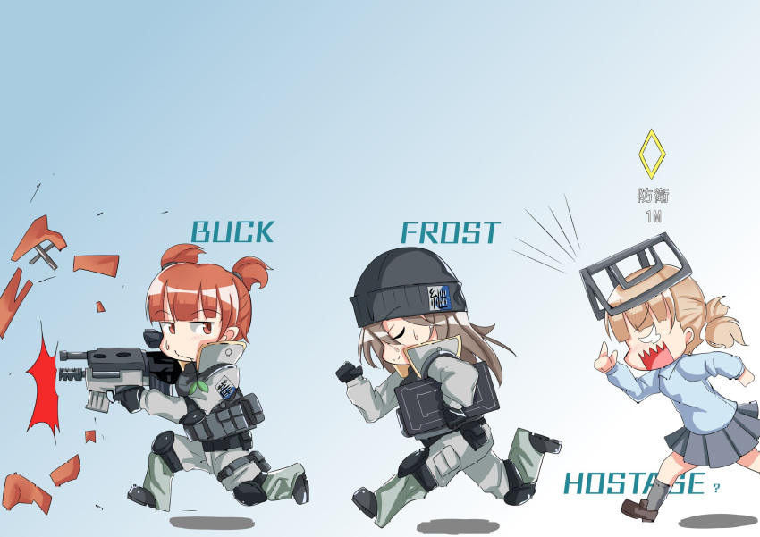 3girls, aki_(girls_und_panzer), antyobi0720, bangs, beanie, black_footwear, black_gloves, black_hat, black_vest, blank_eyes, blue_background, blue_footwear, blue_shirt, boots, brown_hair, buck_(rainbow_six_siege), carrying, character_name, chasing, chibi, closed_eyes, closed_mouth, diamond_(shape), elbow_pads, emblem, emphasis_lines, explosion, eyebrows_visible_through_hair, from_side, frost_(rainbow_six_siege), frown, girls_und_panzer, gloves, gradient, gradient_background, grey_jacket, grey_legwear, grey_pants, grey_skirt, gun, hair_tie, hat, highres, jacket, jitome, jtf-2, keizoku_(emblem), keizoku_school_uniform, knee_pads, light_brown_hair, loafers, long_hair, long_sleeves, looking_back, machine_gun, mika_(girls_und_panzer), mikko_(girls_und_panzer), miniskirt, multiple_girls, open_mouth, pants, pleated_skirt, rainbow_six_siege, red_eyes, redhead, running, school_uniform, shadow, sharp_teeth, shirt, shoes, short_hair, short_twintails, skirt, smile, socks, stalk_in_mouth, sweatdrop, tactical_clothes, tearing_up, teeth, translated, twintails, vest, weapon, weapon_request