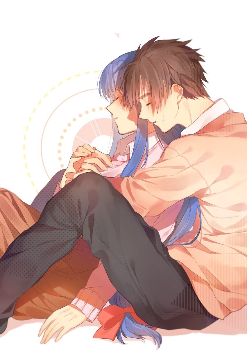 1boy, 1girl, alternate_costume, blue_hair, bow, brown_hair, chidori_kaname, closed_eyes