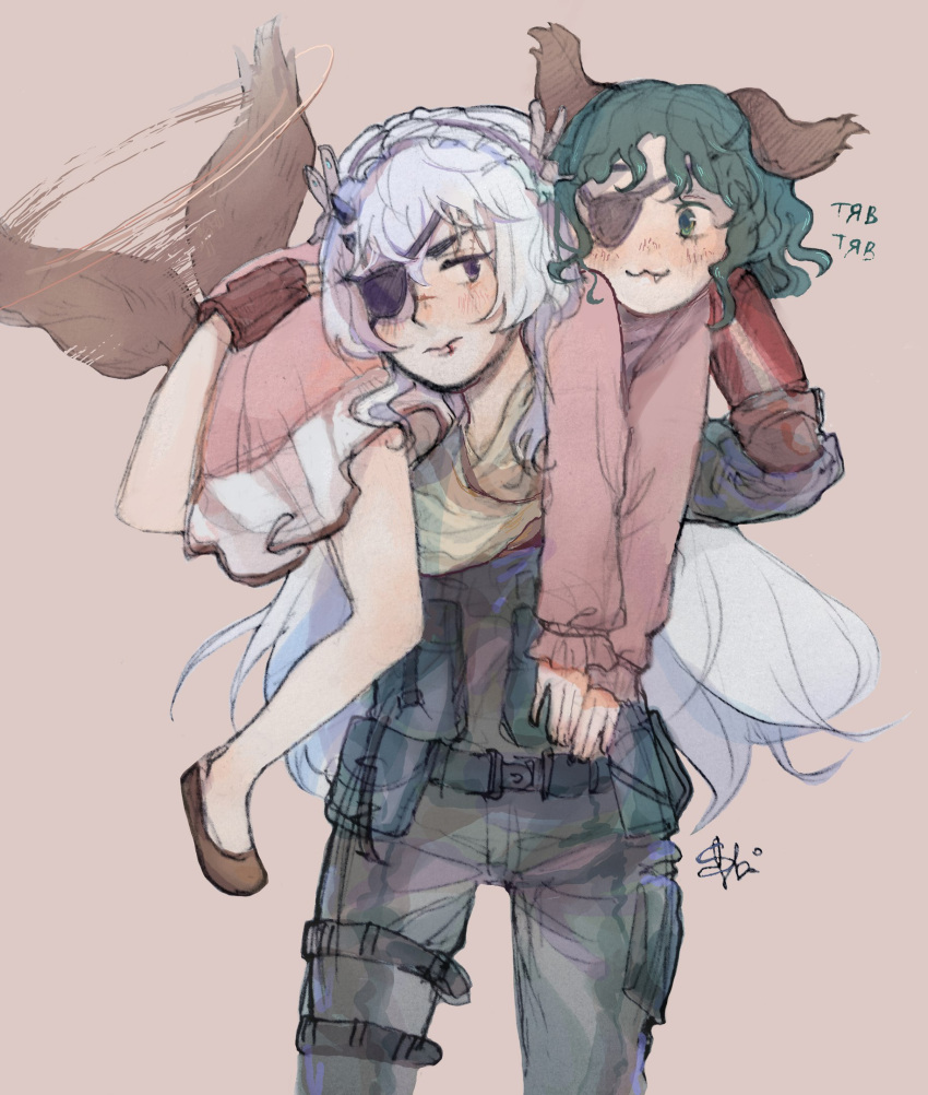 2girls, :3, animal_ears, carrying, chaika_trabant, cosplay, dog_ears, dog_tail