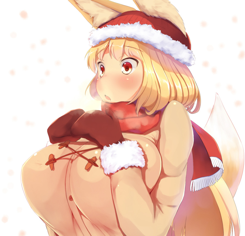 animal_ears, beanie, blonde_hair, blush, breast_suppress, breasts, breath, coat
