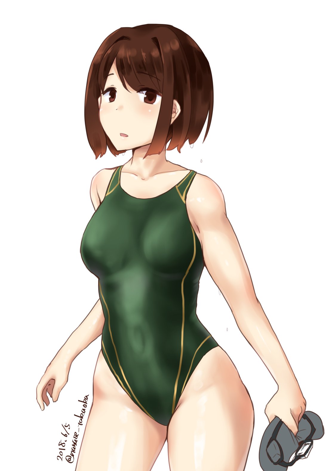 1girl, brown_eyes, brown_hair, competition_swimsuit, cowboy_shot, dated, diving_mask, diving_mask_removed