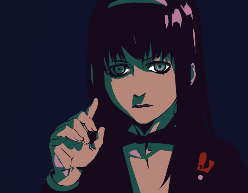 1girl, akemi_homura, alternate_costume, bangs, blazer, blue_background, commentary, dress_shirt, english_commentary, expressionless, eyelashes, fingernails, formal, gangster, hairband, hand_up, high_contrast, highres, index_finger_raised, jacket, jitome, limited_palette, long_hair, long_sleeves, looking_at_viewer, mafia, mahou_shoujo_madoka_magica, parted_lips, purple_hair, shiny, shiny_hair, shirt, simple_background, solo, tuxedo, white_shirt, xenos, yellow_eyes
