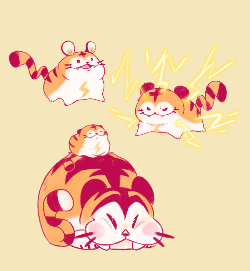 >:3, :3, absurdres, age_difference, beta_pokemon, black_eyes, blush, closed_eyes, closed_mouth, commentary, creature, curled_up, doodlelotl, electricity, english_commentary, fangs, fat, faux_traditional_media, full_body, gen_2_pokemon, hair_raising, highres, kotora_(pokemon), lightning_bolt, limited_palette, no_humans, open_mouth, orange_background, paws, pokemon, pokemon_(creature), pokemon_gsc_beta, puffy_cheeks, raitora, simple_background, size_difference, sleeping, standing, striped_tail, tail, tail_raised, tiger, whiskers