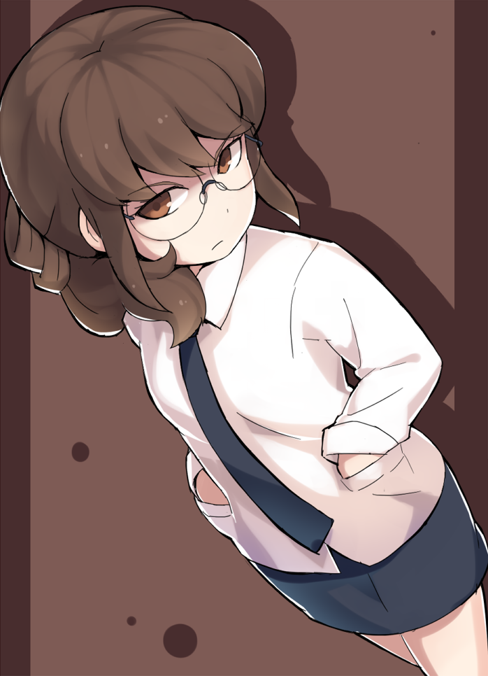 1girl, brown_background, brown_eyes, brown_hair, commentary_request, from_above, glasses, hands_in_pockets