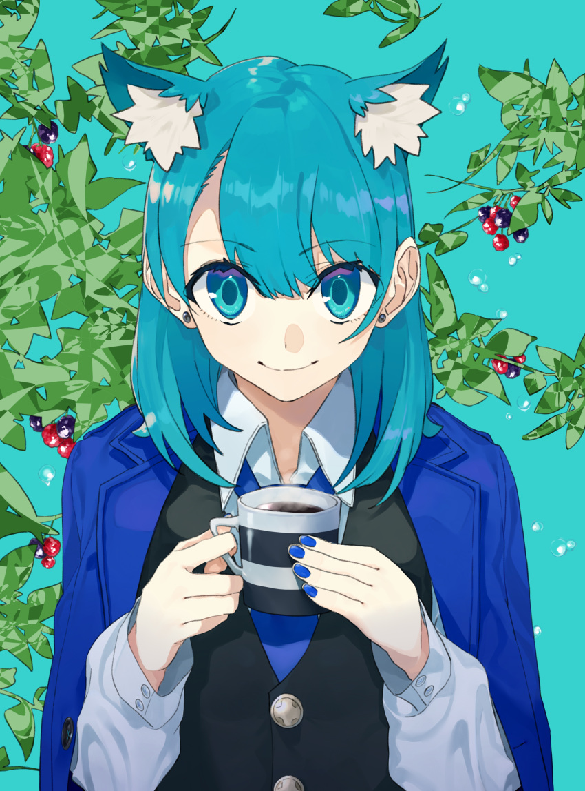 1girl, absurdres, animal_ears, aqua_background, aqua_eyes, aqua_hair, bangs, blackberry_(fruit)