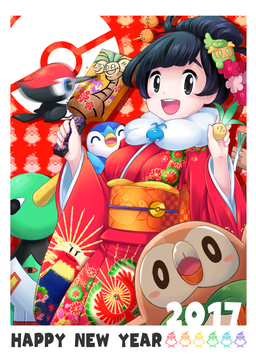 1girl, 2017, :d, ^_^, absurdres, alolan_exeggutor, alolan_form, alternate_hairstyle