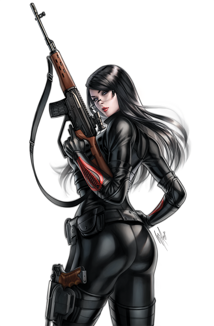 1girl, arm_guards, armor, ass, baroness_(g.i._joe), belt, black_bodysuit, black_hair