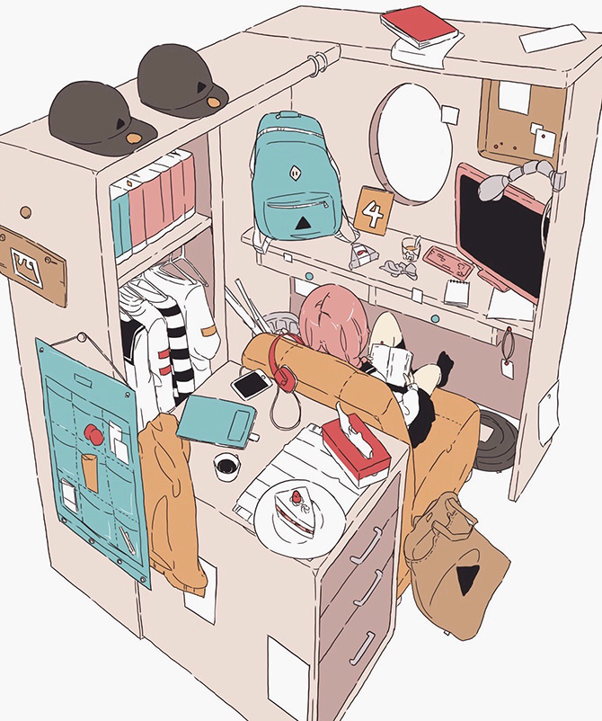 1girl, backpack, bag, book, cake, cellphone, clothes, colored