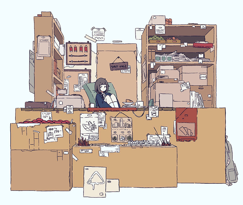 1girl, backpack, bag, book, box, box_stack, brown_hair, cash_register