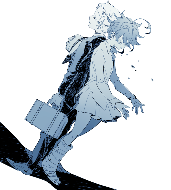 1boy, 1girl, ahoge, back-to-back, blue, briefcase, broken_leg, cast