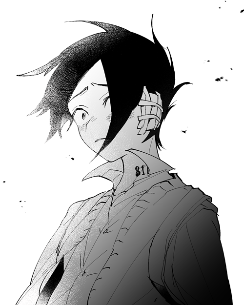 1boy, bandage, bandaged_head, cardigan, constricted_pupils, greyscale, hair_over_one_eye, male_focus, monochrome, neck_tattoo, ni-si_(nisi_kun), ray_(yakusoku_no_neverland), simple_background, solo, spiky_hair, tattoo, upper_body, white_background, yakusoku_no_neverland