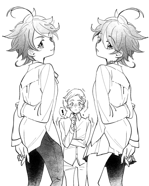 !, 1boy, 2girls, ahoge, arm_behind_back, blush, closed_mouth, dual_persona