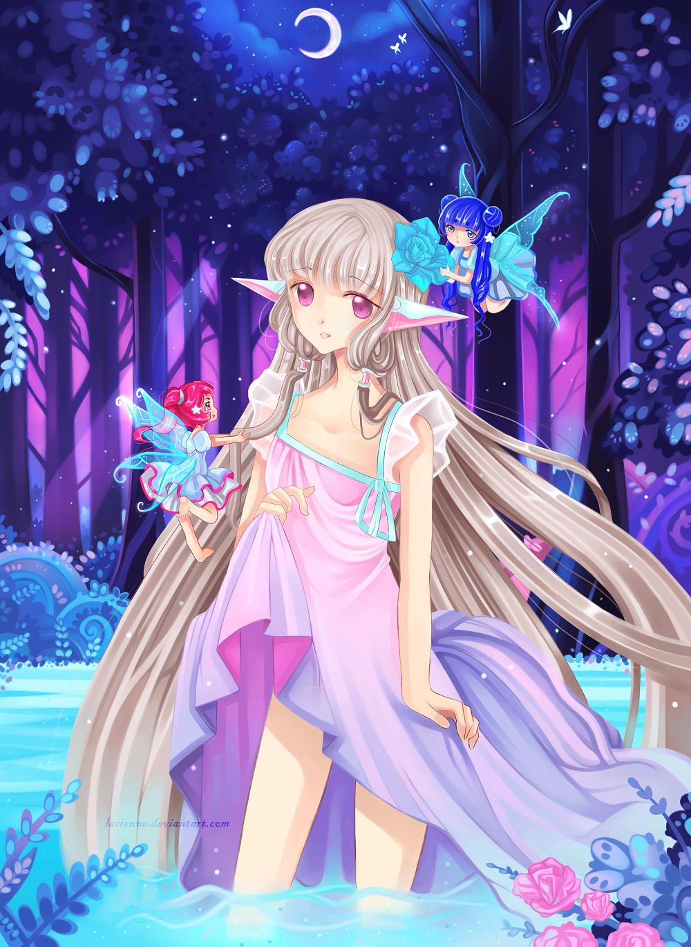 3girls, blonde_hair, blue_hair, chii, chobits, dress, fairy, flower