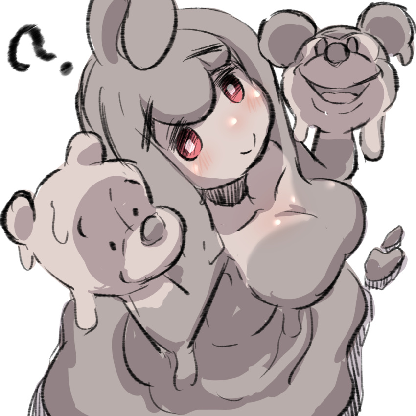 1girl, 2boys, ahoge, arms_up, bangs, blush, breasts, brown_hair