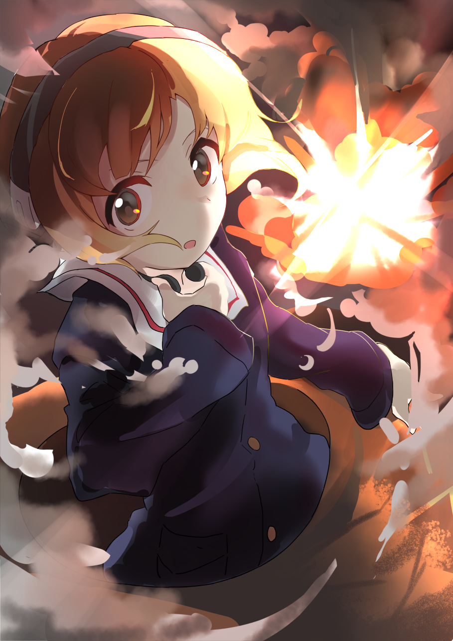 1girl, action, bangs, blue_jacket, brown_eyes, brown_hair, commentary, dodging