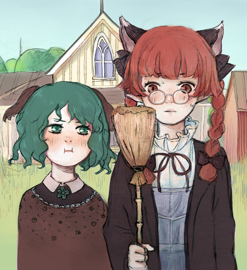 2girls, :i, american_gothic, animal_ears, bolo_tie, braid, broom, cat_ears, closed_mouth, dog_ears, dress, extra_ears, eyebrows, fine_art_parody, glasses, green_eyes, green_hair, hair_ribbon, highres, holding, kaenbyou_rin, multiple_girls, parody, pointy_ears, pout, red_eyes, redhead, ribbon, shirt, short_hair, svveet, touhou, twin_braids, window