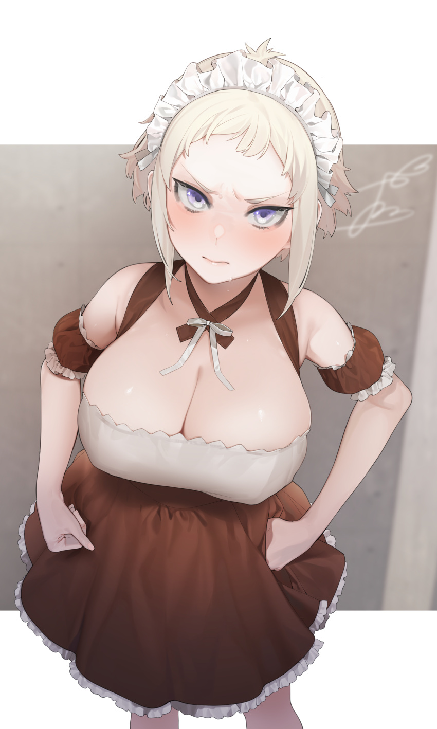 1girl, absurdres, bare_shoulders, black_skirt, blush, breasts, cleavage, closed_mouth