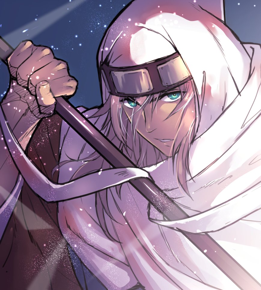 1boy, blue_eyes, cosplay, fate/grand_order, fate_(series), headband, holding, holding_weapon