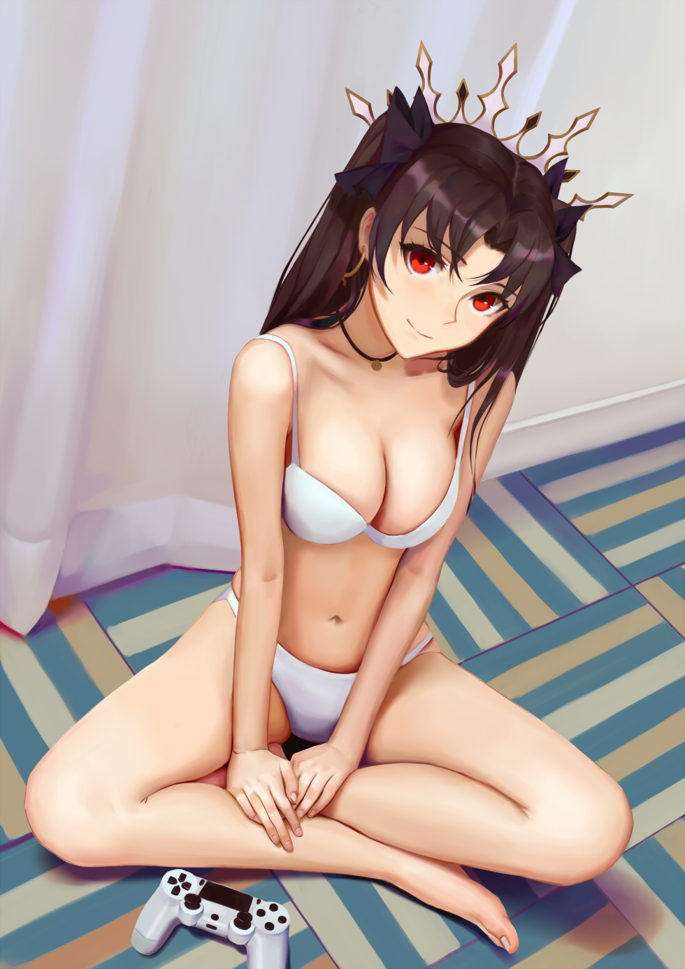 1girl, bangs, barefoot, black_hair, black_ribbon, bra, breasts, cleavage, closed_mouth, commentary_request, curtains, earrings, fate/grand_order, fate_(series), hair_ribbon, highres, hoop_earrings, indian_style, indoors, ishtar_(fate/grand_order), jewelry, kamikakushi_no_ocarino, medium_breasts, navel, necklace, on_floor, panties, parted_bangs, playstation_controller, red_eyes, ribbon, sitting, smile, solo, tiara, tohsaka_rin, two_side_up, underwear, underwear_only, white_bra, white_panties