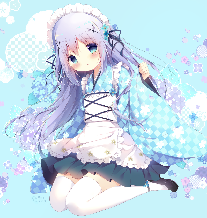 1girl, :o, apron, argyle, argyle_kimono, bangs, black_footwear, black_ribbon, blue_eyes, blue_flower, blue_hair, blue_kimono, blue_skirt, blush, checkered, commentary_request, eyebrows_visible_through_hair, flower, frilled_apron, frills, gochuumon_wa_usagi_desu_ka?, hair_between_eyes, hair_flower, hair_ornament, hair_ribbon, japanese_clothes, kafuu_chino, kimono, long_hair, long_sleeves, maid_apron, maid_headdress, parted_lips, pinching_sleeves, pleated_skirt, ribbon, shiratama_(shiratamaco), shoes, short_kimono, skirt, sleeves_past_wrists, solo, thigh-highs, very_long_hair, wa_maid, white_apron, white_legwear, wide_sleeves