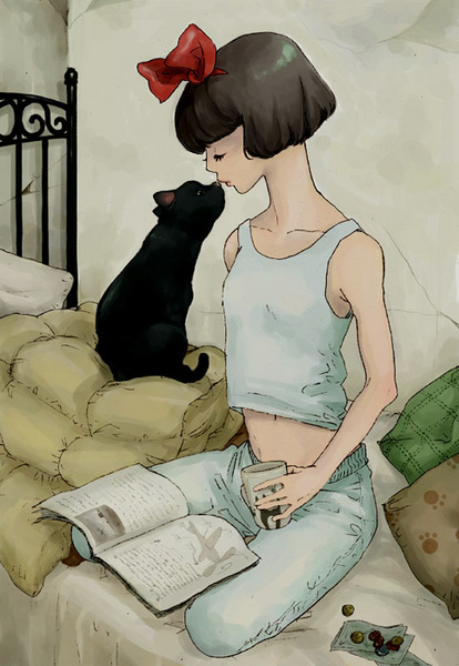 black_cat, book, bow, cat, ghibli, hair_bow, jiji_(character), kiki, kiki's_delivery_service, majo_no_takkyuubin, money, renton_(guero), studio_ghibli