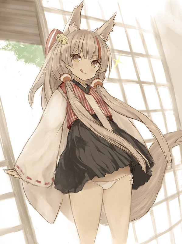 1girl, :p, animal_ears, arms_at_sides, azur_lane, bell, bow, extra_ears