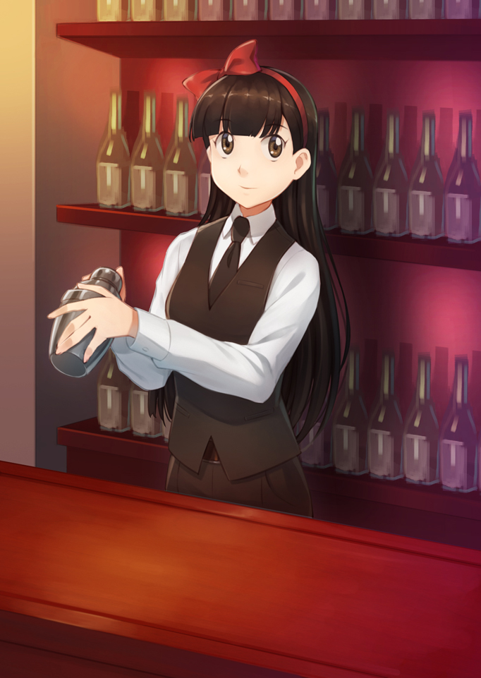1girl, bangs, bar, bartender, black_hair, black_neckwear, black_vest, blunt_bangs