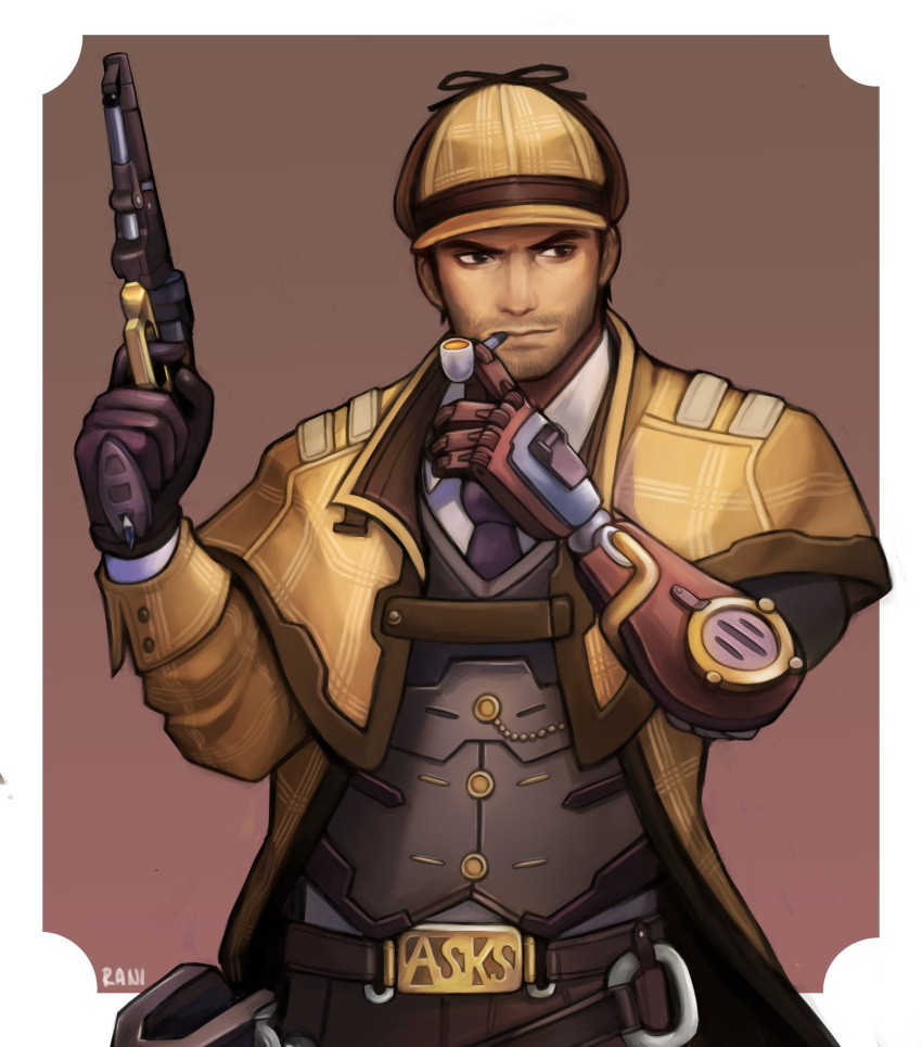 1boy, alternate_costume, alternate_headwear, alternate_weapon, belt_buckle, buckle, cabbie_hat, coat