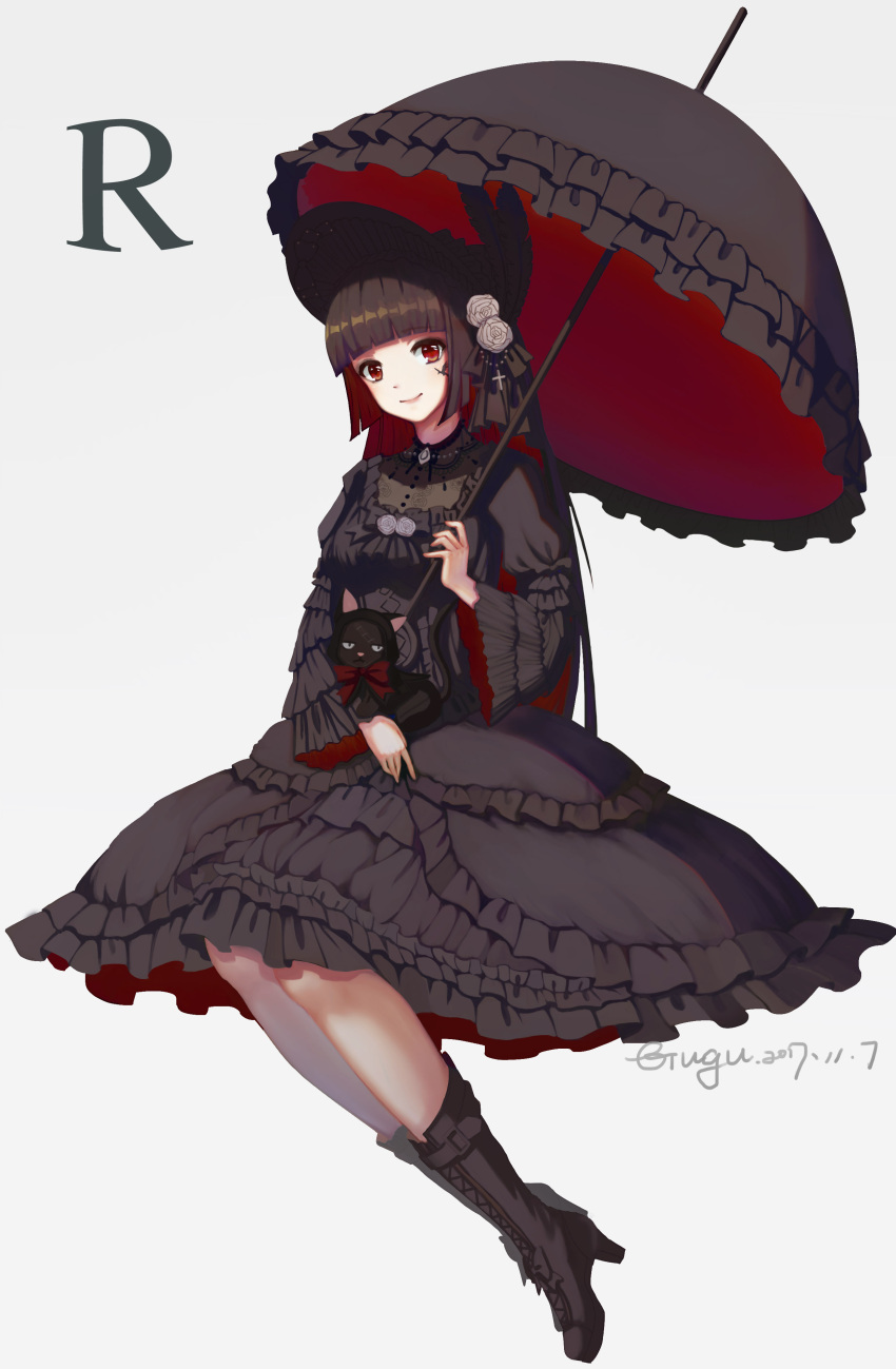 1girl, absurdres, artist_name, bangs, black_cat, black_dress, black_footwear, black_hair, black_umbrella, blunt_bangs, boots, cat, cat_on_lap, cross-laced_footwear, cross_hair_ornament, dated, dress, flower, frills, full_body, gothic_lolita, gugu_(mirukai), hair_flower, hair_ornament, high_heel_boots, high_heels, highres, holding, holding_umbrella, lolita_fashion, looking_at_viewer, miracle_nikki, multicolored_hair, parasol, red_eyes, redhead, simple_background, sitting, smile, solo, two-tone_hair, umbrella, wide_sleeves