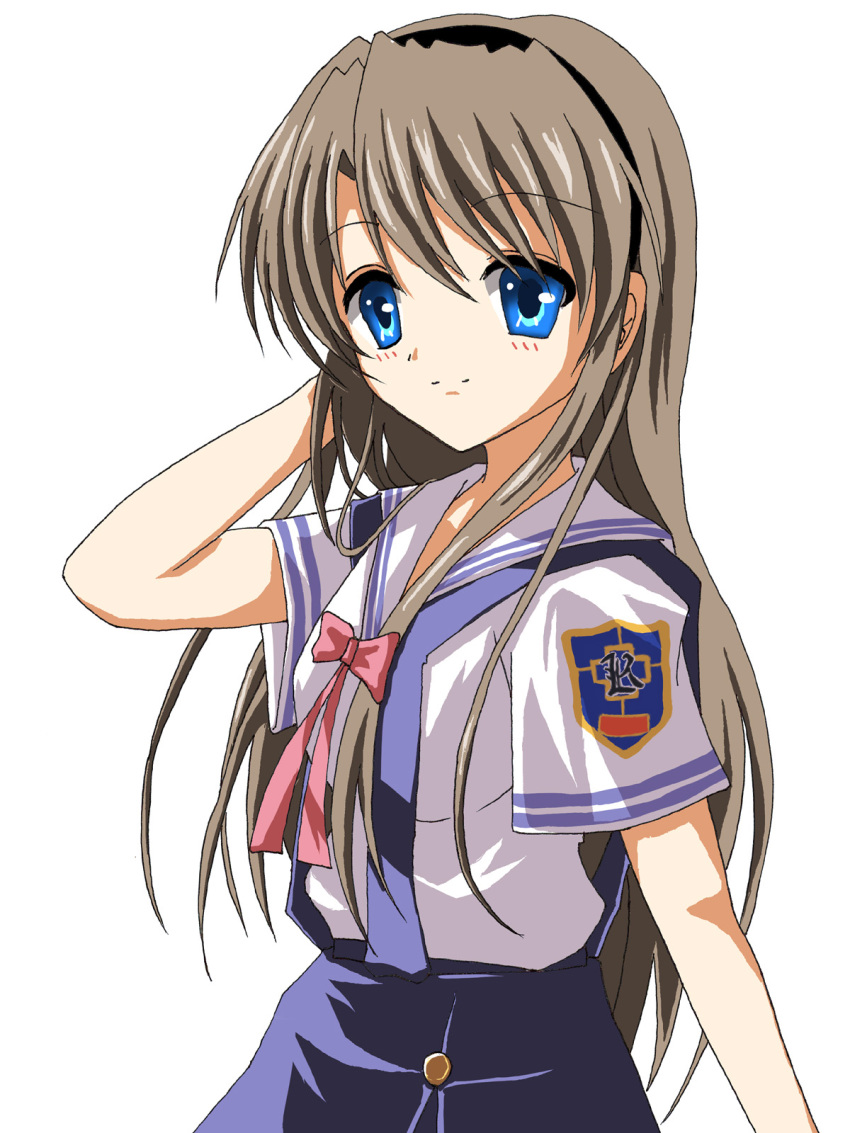 blue_eyes, brown_hair, clannad, hairband, highres, kuroi_hitsuji, long_hair, sakagami_tomoyo, school_uniform