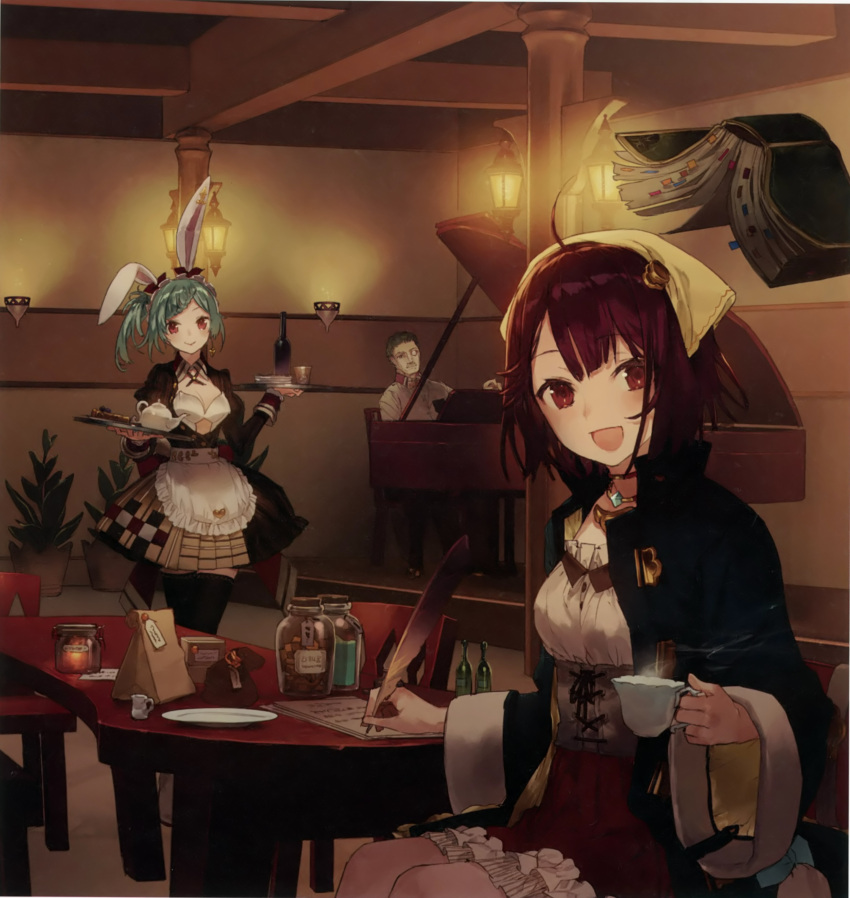 1boy, 2girls, absurdres, animal_ears, apron, atelier_(series), atelier_sophie, blue_hair