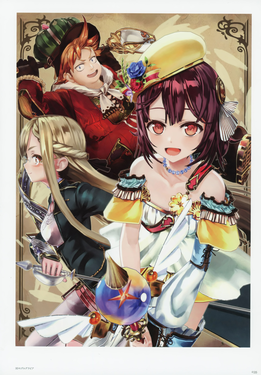 1boy, 2girls, absurdres, atelier_(series), atelier_sophie, bare_shoulders, blonde_hair, blush