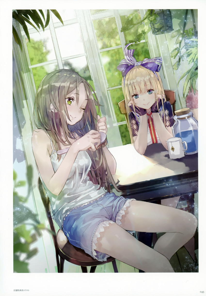 2girls, absurdres, alternate_hairstyle, atelier_(series), atelier_firis, blonde_hair, blue_eyes, bow