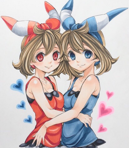 2girls, alternate_color, blue_eyes, blue_ribbon, blue_shirt, breasts, brown_hair, cleavage
