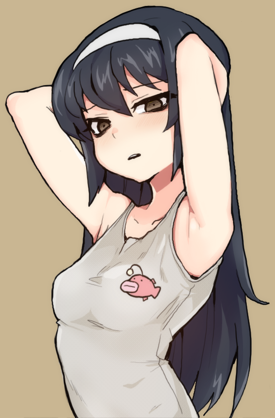 1girl, armpits, arms_up, black_hair, breasts, brown_background, brown_eyes, empty_eyes