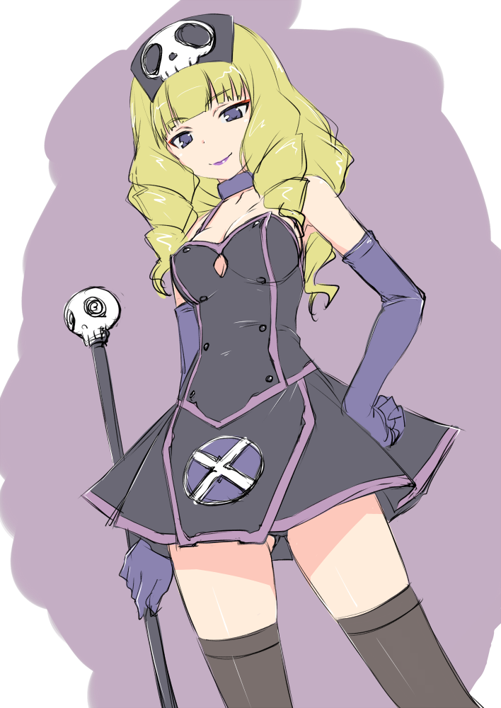 1girl, action_heroine_cheer_fruits, black_dress, black_legwear, breasts, cleavage, commentary_request, dress