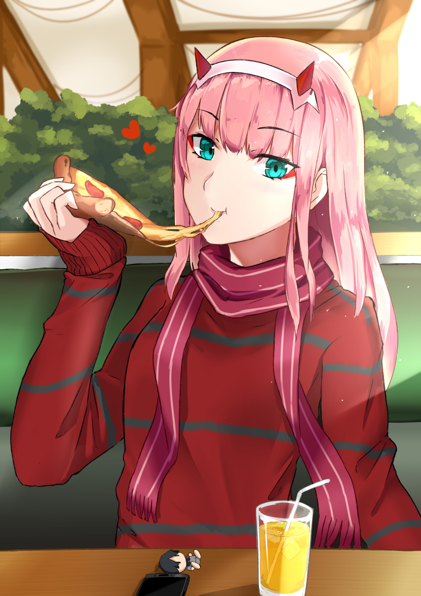1girl, absurdres, alphaarietis, alternate_costume, aqua_eyes, bangs, casual, cellphone, character_doll, commentary, darling_in_the_franxx, drinking_straw, eating, eyebrows_visible_through_hair, food, glass, hairband, highres, hiro_(darling_in_the_franxx), holding, holding_food, holding_pizza, horns, long_hair, looking_at_viewer, phone, pink_hair, pizza, red_horns, red_scarf, red_sweater, scarf, sitting, sleeves_past_wrists, smartphone, solo, striped, striped_scarf, striped_sweater, sweater, white_hairband, zero_two_(darling_in_the_franxx)