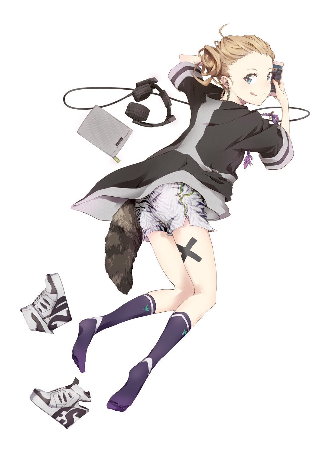 1girl, :q, ahoge, blue_eyes, cellphone, earrings, headphones_removed, highres