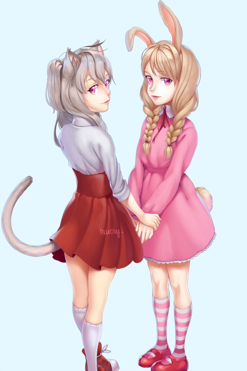 2girls, animal_ears, artist_name, blue_background, braid, brown_hair, bunny_tail, cat_ears