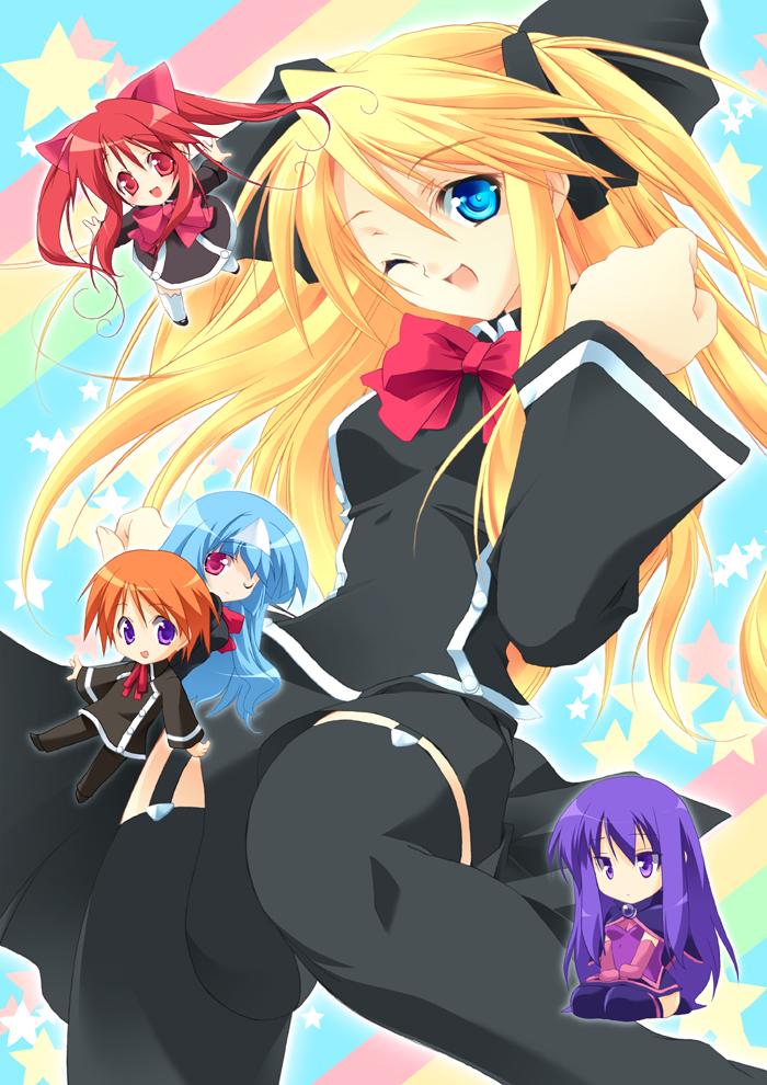 blonde_hair, blue_eyes, chibi, jpeg_artifacts, long_hair, malariya, quiz_magic_academy, satsuki_(quiz_magic_academy), school_uniform, shalon, thigh-highs, thighhighs, yuu_(quiz_magic_academy)