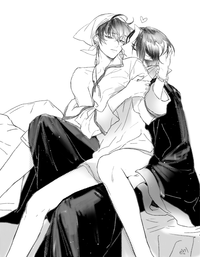 2boys, akgi, bare_legs, bare_shoulders, bracelet, greyscale, hakutaku_(hoozuki_no_reitetsu), heart