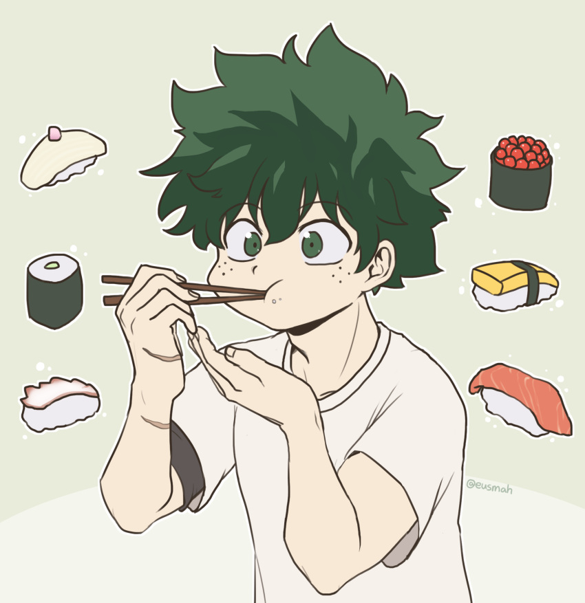 1boy, boku_no_hero_academia, chopsticks, eating, food, freckles, green_background, green_eyes